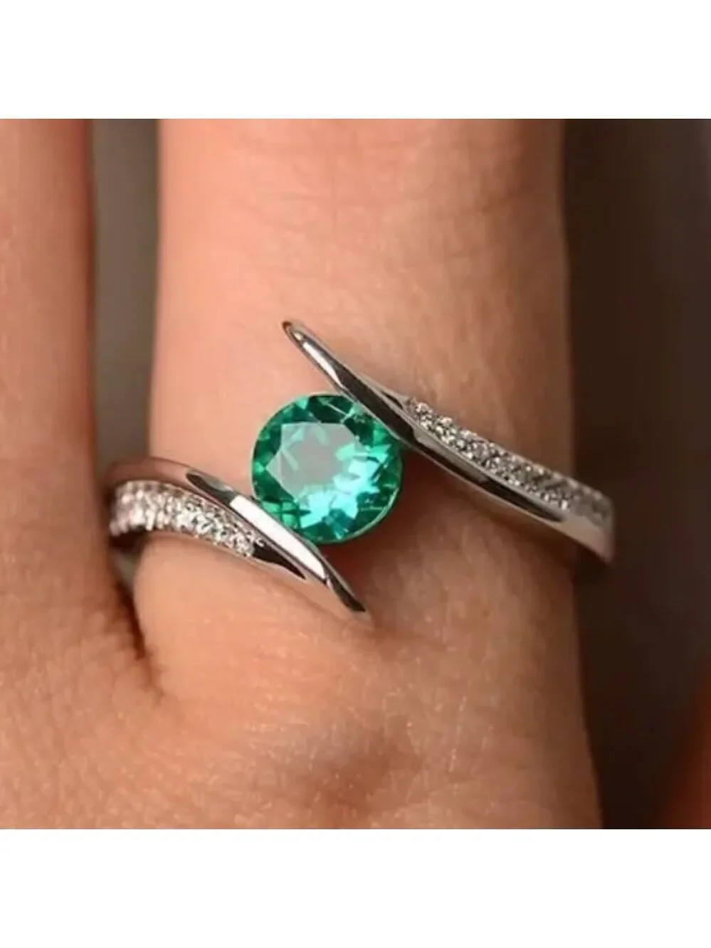 Green Emerald and Zircon Gemstone Ring Silver Plated